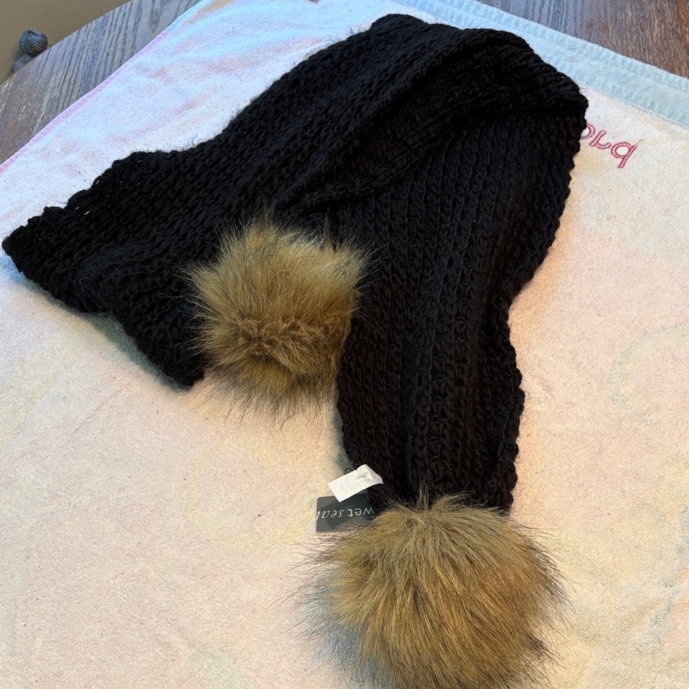Wet Seal Black Knit Scarf with Brown Pom Poms